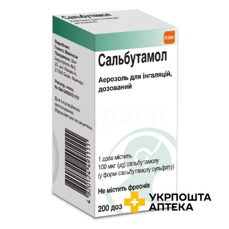 Сальбутамол аерозоль д/інг. 100 мкг/доза 200.доз Глаксо Веллком Продакшн (Франція)