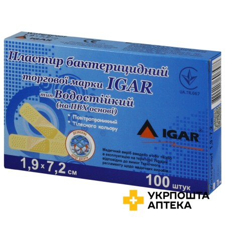 Лейкопластир бактерицидний Ігар 1,9 см * 7,2 см, ПВХ №100 Ігар (Україна)