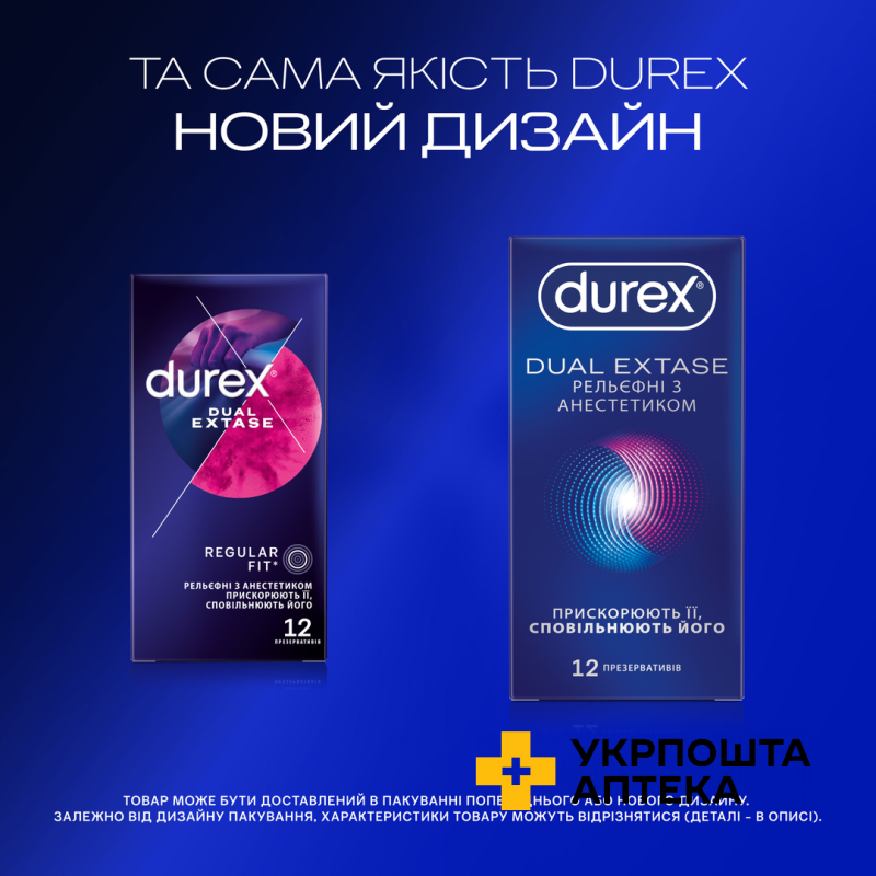 Презервативи латексні з силіконовою змазкою DUREX®  Dual Extase (рельєфні з анестетиком), 12 шт. Reckitt Benckiser Healthcare (Великобританія)