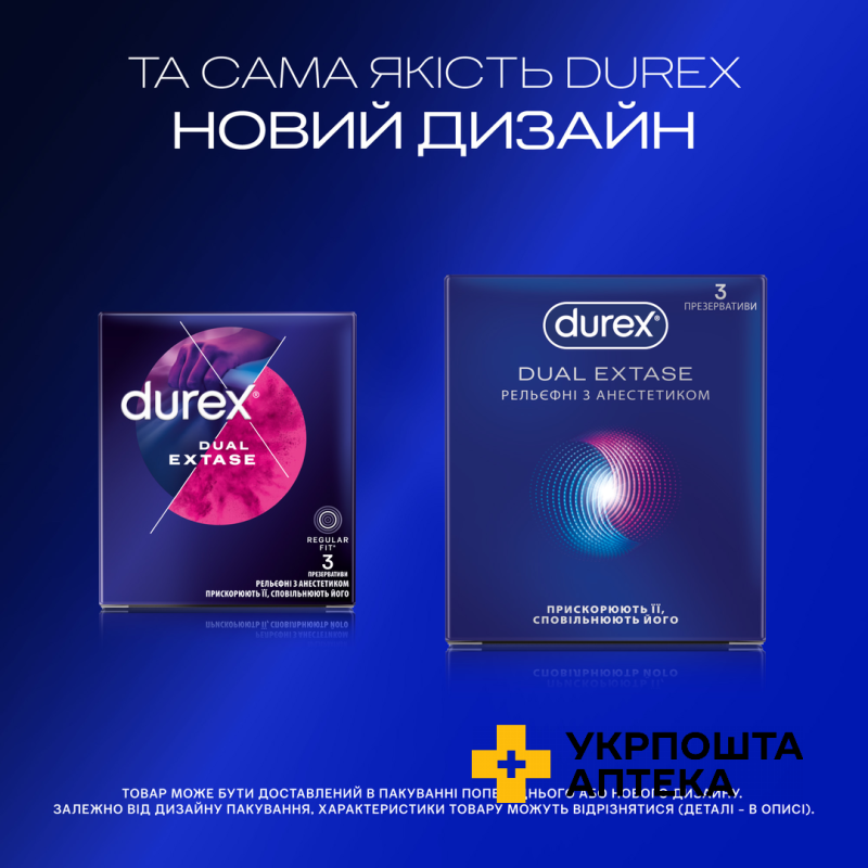 Презервативи латексні з силіконовою змазкою DUREX®  Dual Extase (рельєфні з анестетиком), З шт. Reckitt Benckiser Healthcare (Великобританія)