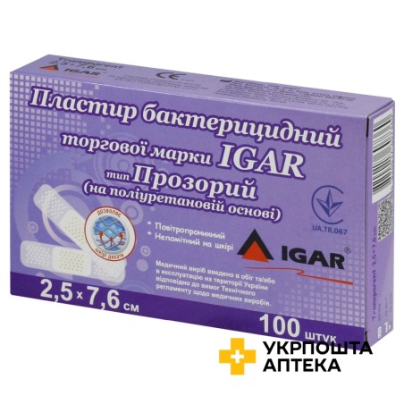 Лейкопластир бактерицидний Ігар 2,5 см * 7,6 см, поліуретан, прозор. №100 Ігар (Україна)