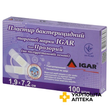 Лейкопластир бактерицидний Ігар 1,9 см * 7,2 см, поліуретан, прозор. №100 Ігар (Україна)