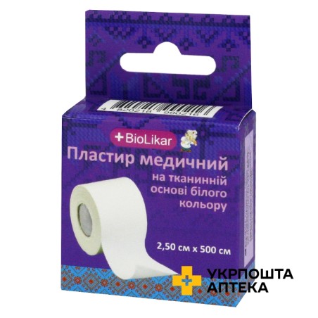 Пластир на тканинній основі 2,5 см * 500 см, на тканій основі білий Киевфармгрупп (Україна)