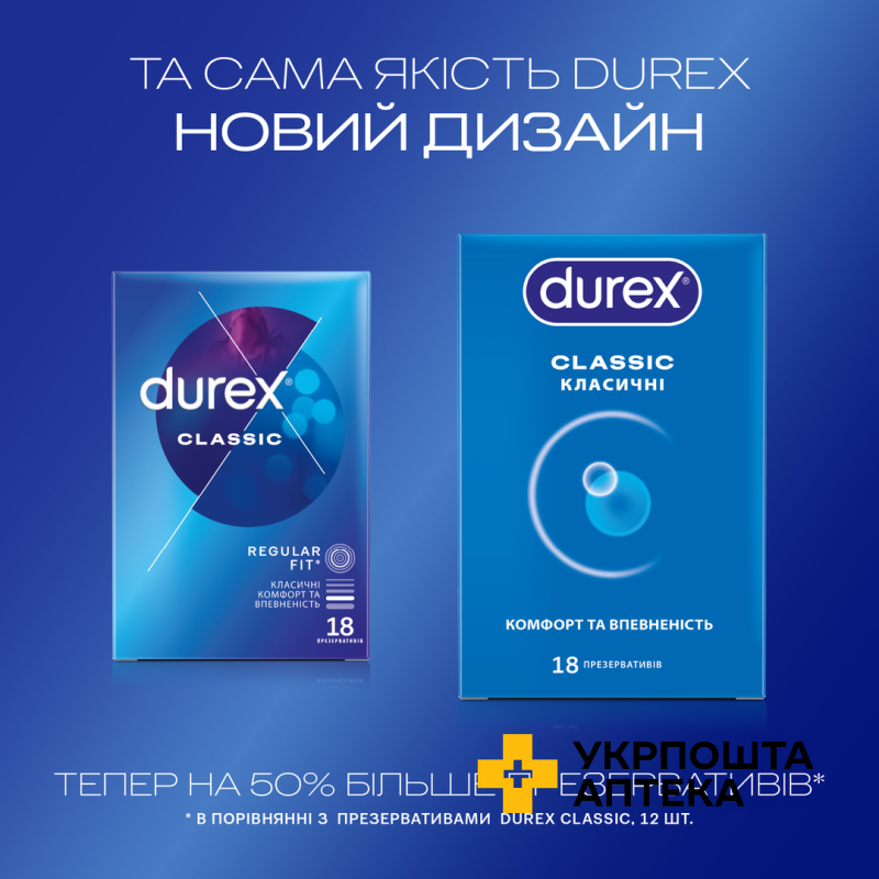 Презервативи латексні з силіконовою змазкою DUREX®  Сlassic (класичні), 18 шт. Reckitt Benckiser Healthcare (Великобританія)