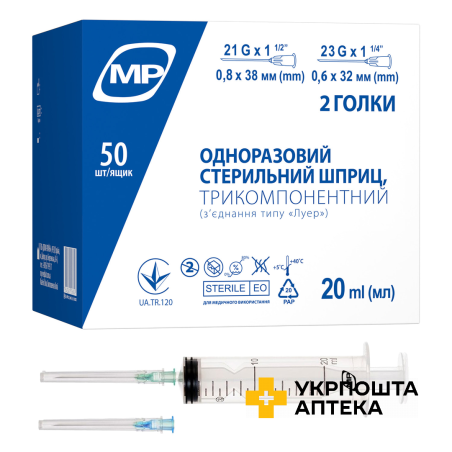 Шприц трикомпонентний стерильний MP MedPlast 20 мл, з двома голками Anhui Hongyu Wuzhou Medical Manufacturer (Китай)