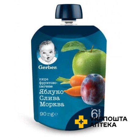 Гербер пюре яблуко, слива, морква пауч упак. 90 г, яблуко, слива, морква Nestle Polska (Польща)