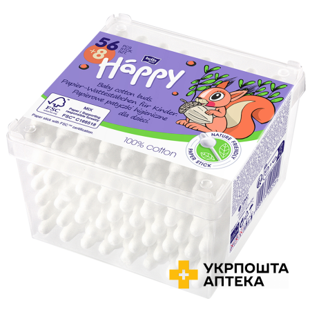 Палички ватні гiгiєнiчнi для дітей BELLA Baby Happy. (56+8 шт. папер. стік) Torunskie ZMO (Польща)
