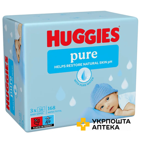Серветки вологі Huggies Pure дитячі, для новонароджених, 168 шт (3 x 56 шт) Кімберлі-Кларк (Великобританія)