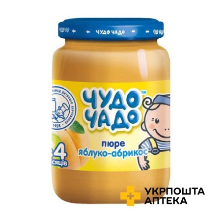 Пюре з яблук і абрикосів Чудо-чадо 170 г, яблуко, абрикос, цукор Завод консервний дитячого харчування (Україна)