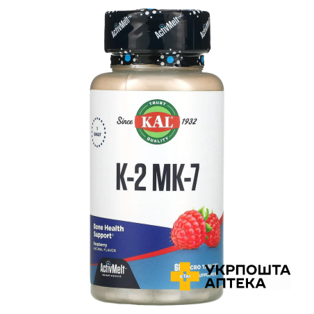 Вітамін K-2 MK-7 підтримка кісток KAL, K-2 MK-7 Bone Support, малина мікротабл. №60 KAL Nutritional (США)