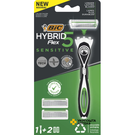 Станок BIC Flex 5 Hybrid Sensitive 1 ручка + 2 запасних леза Societe BIC (Греція)
