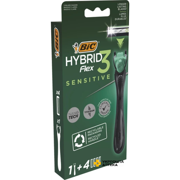 Станок для гоління чоловічий BIC Flex 3 Hibrid Sensitive з 4 змінними картриджами Societe BIC (Греція)
