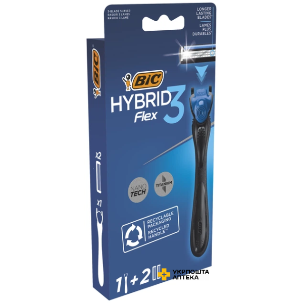 Станок для гоління чоловічий BIC Flex 3 Hibrid з 2 змінними картриджами Societe BIC (Греція)